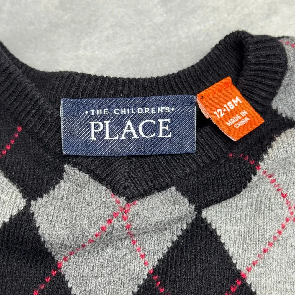The Childrens Place Boys Argyle V-Neck‎ Sweater Black Grey Red 12-18M